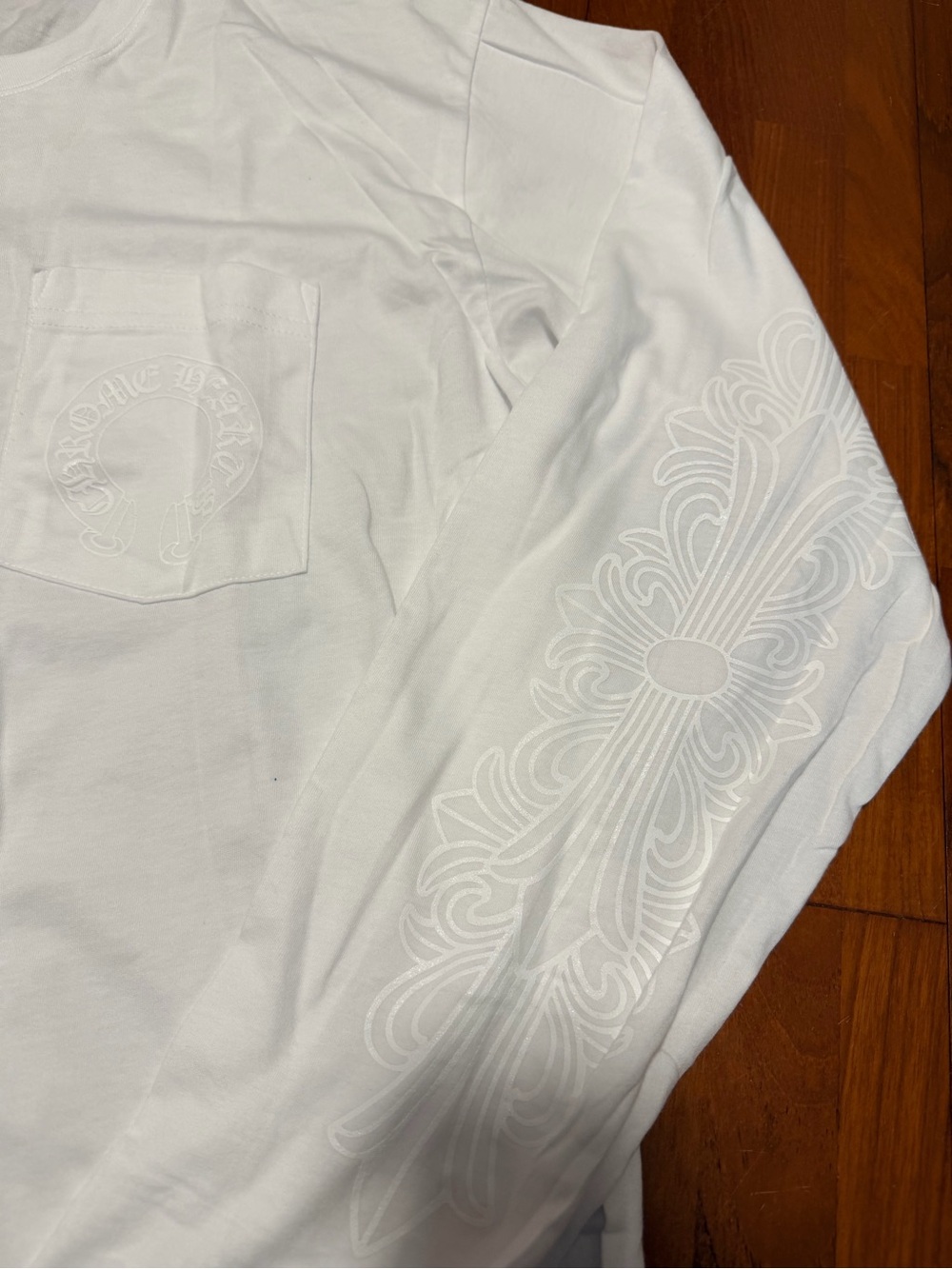 Chrome Hearts White Long Sleeve Pocket Tee with Embossed Sleeve Cross